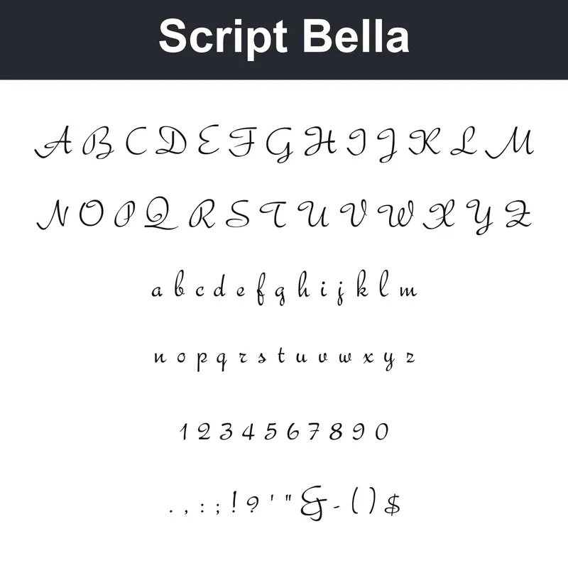 Script Bella character chart